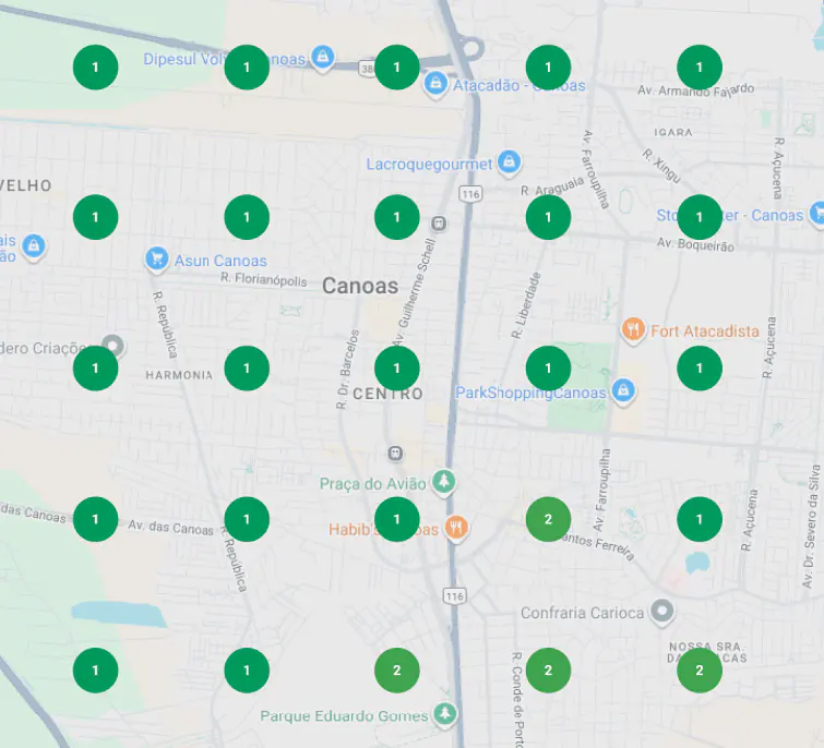 Grade de posições de um perfil no Google Maps em Canoas: quase todos os pontos da cidade em primeiro lugar