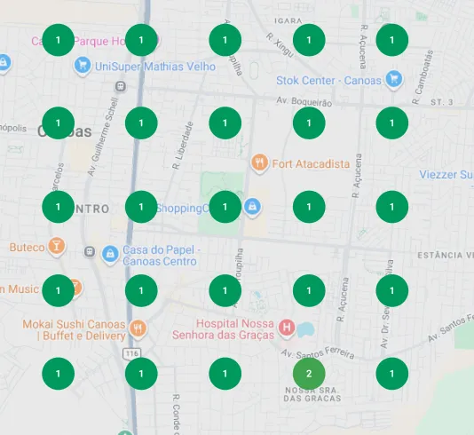 Mapa de Posições — Ranking Grid mostrando posicionamento no Google Maps